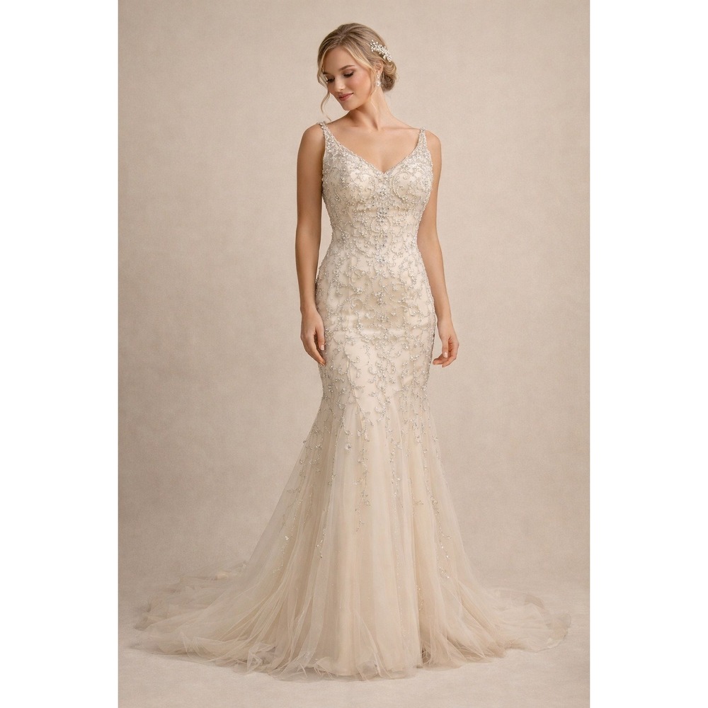 Stella York Wedding Gown 10 Champagne Mermaid Beaded‎ Open Back train drop waist